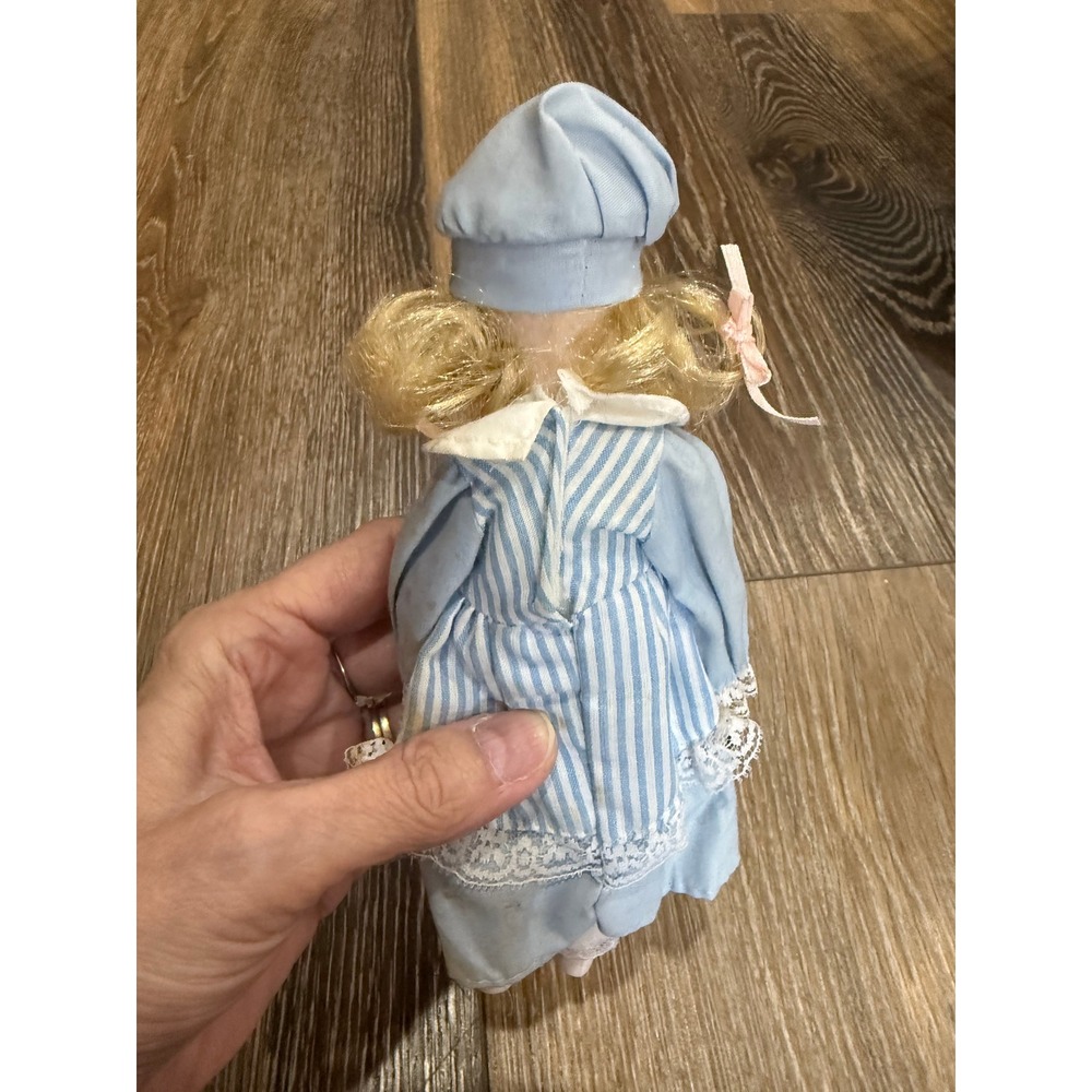 Vintage Porcelain Collector Doll Blue Striped Dress Lace Trim Blonde Hair Bonnet - Picture 2 of 4